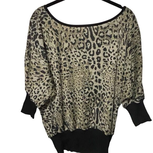 VINTAGE 80S BATWING LEOPARD PRINT OFF SHOULDER SWEATER TOP FLASHDANCE MOBWIFE S - Picture 1 of 11